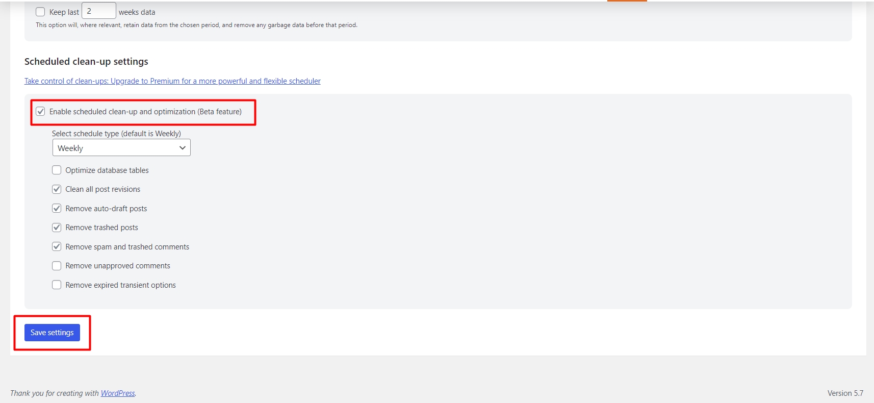 Scheduled database optimisation in WP Optimise