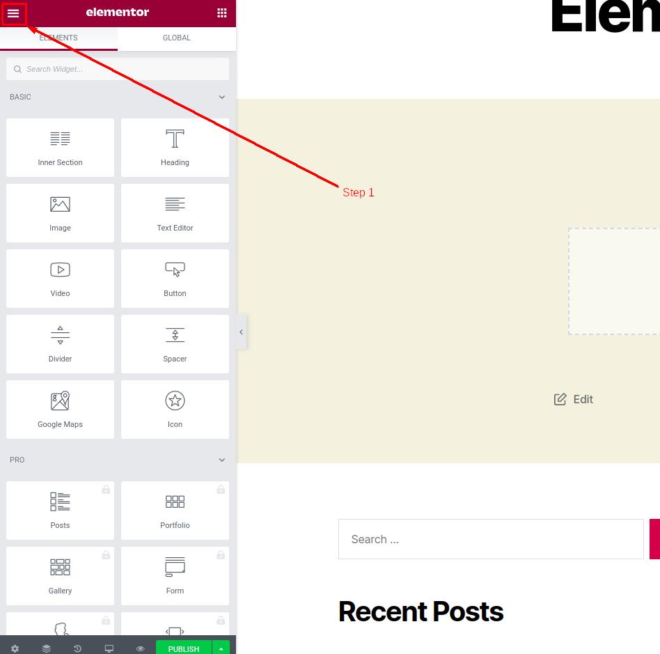 How to update website settings in Elementor - Step 1
