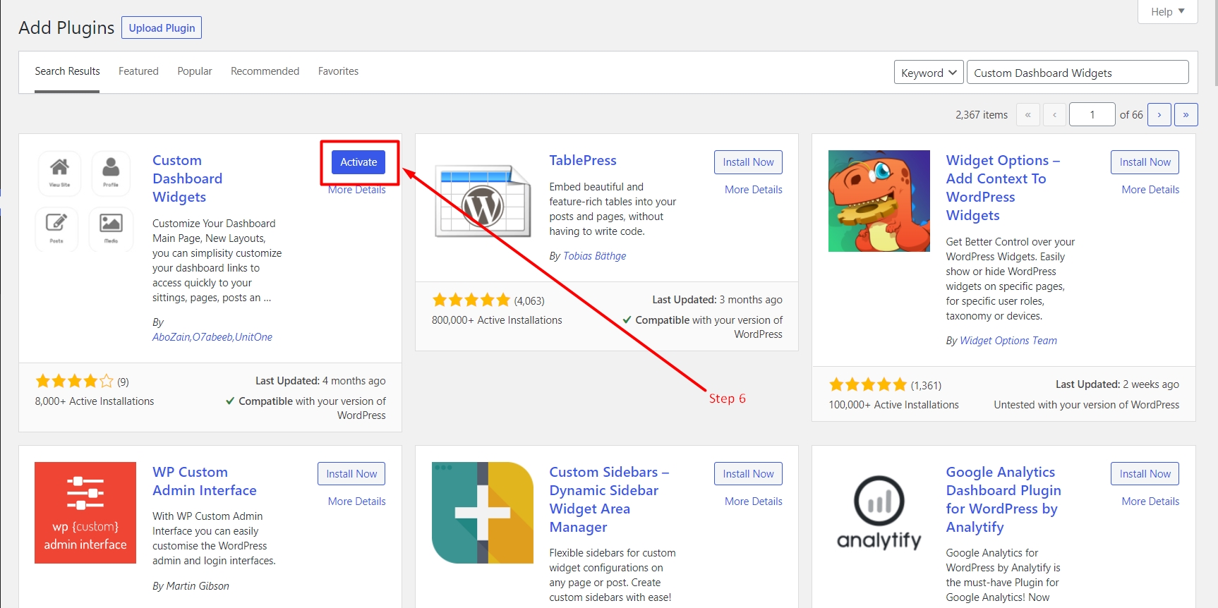 Activate Custom Dashboard widgets in WordPress