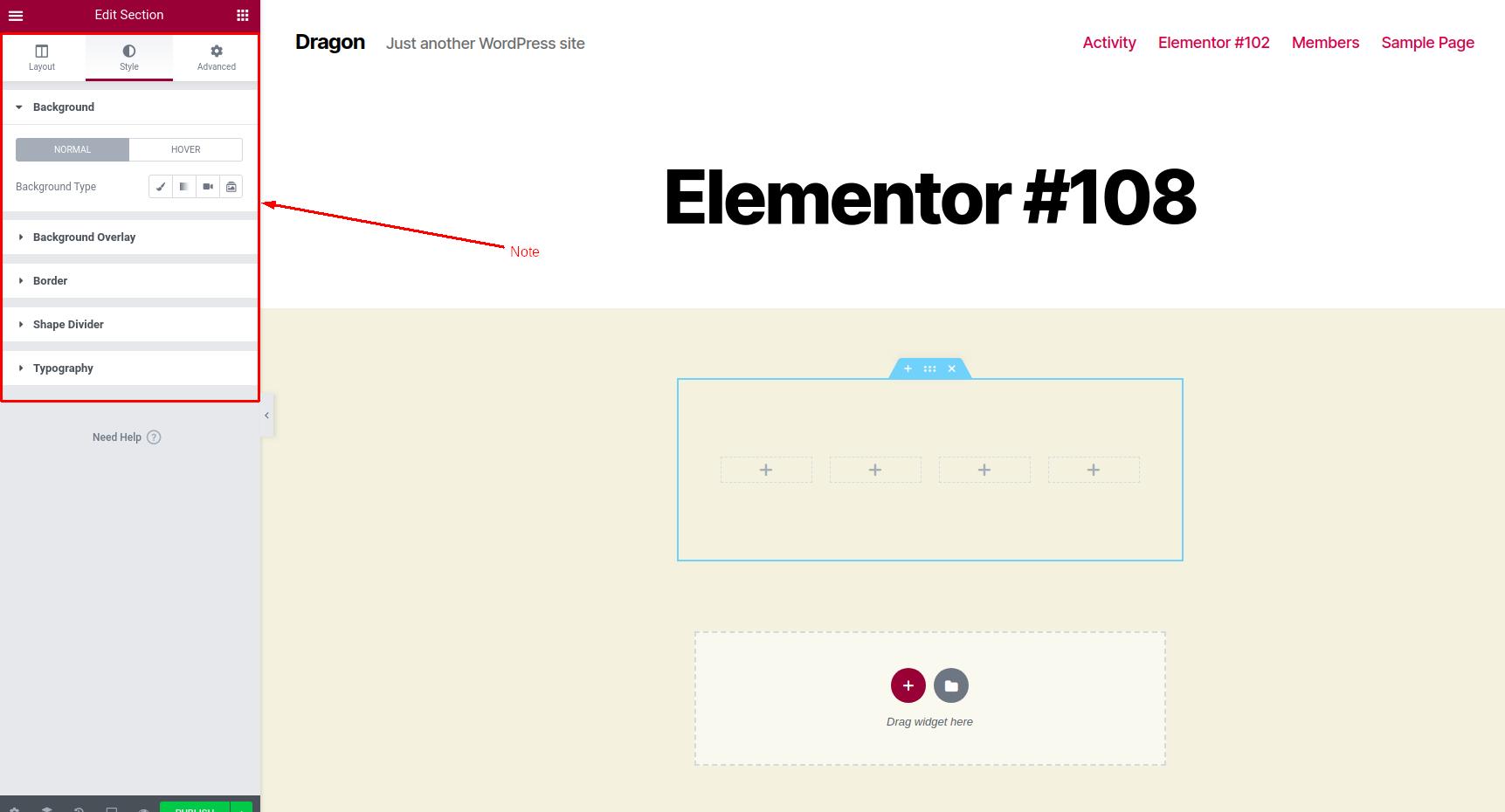 Style section in Elementor