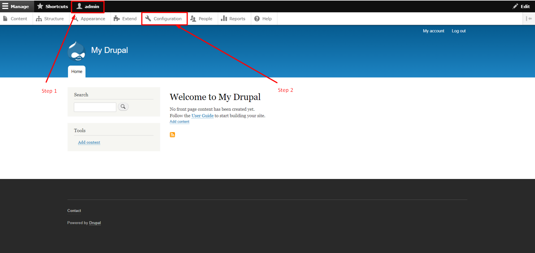 How to change Drupal Front page - Step 1 and 2