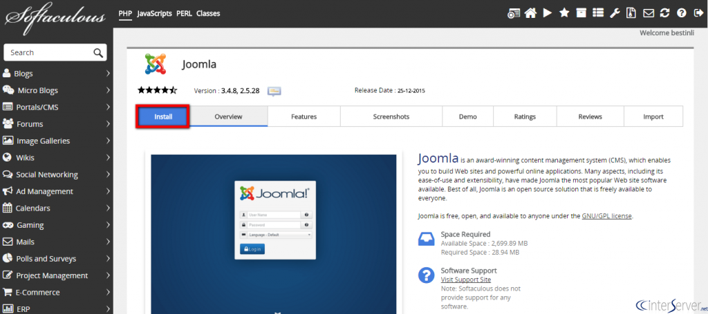 Install Joomla from Softaculous