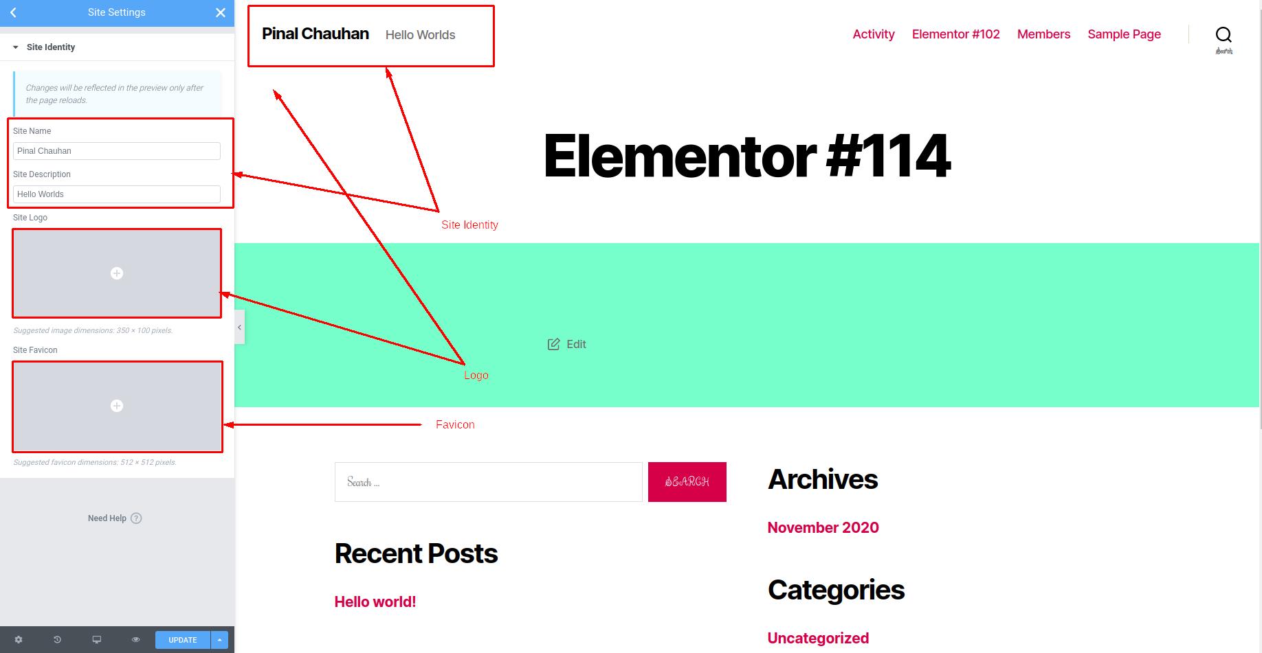 How to manage site identity settings in Elementor