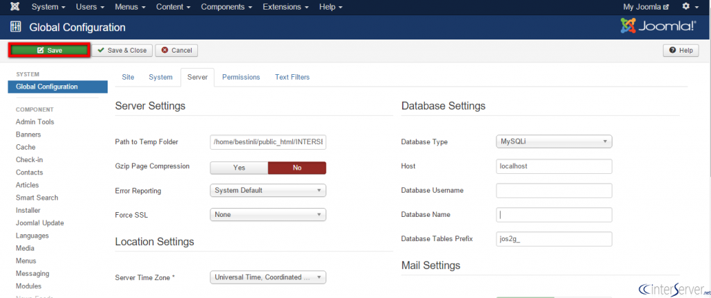 Change Database Settings in Joomla