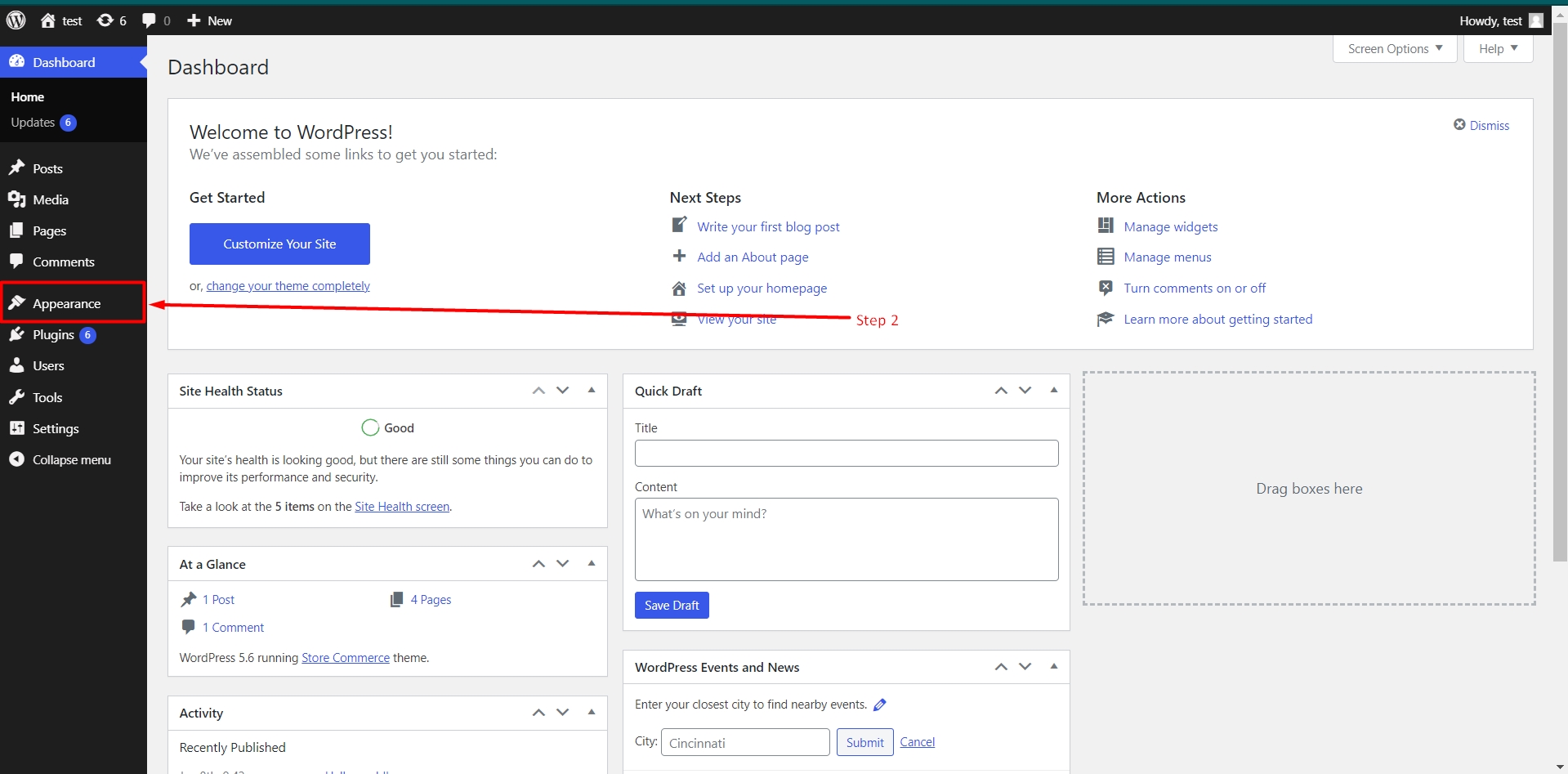 Appearance section in WordPress