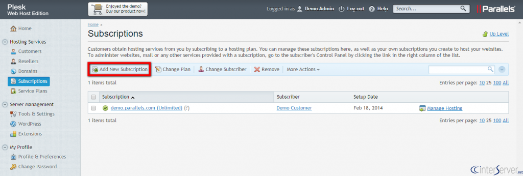 Manage Subscriptions in Plesk