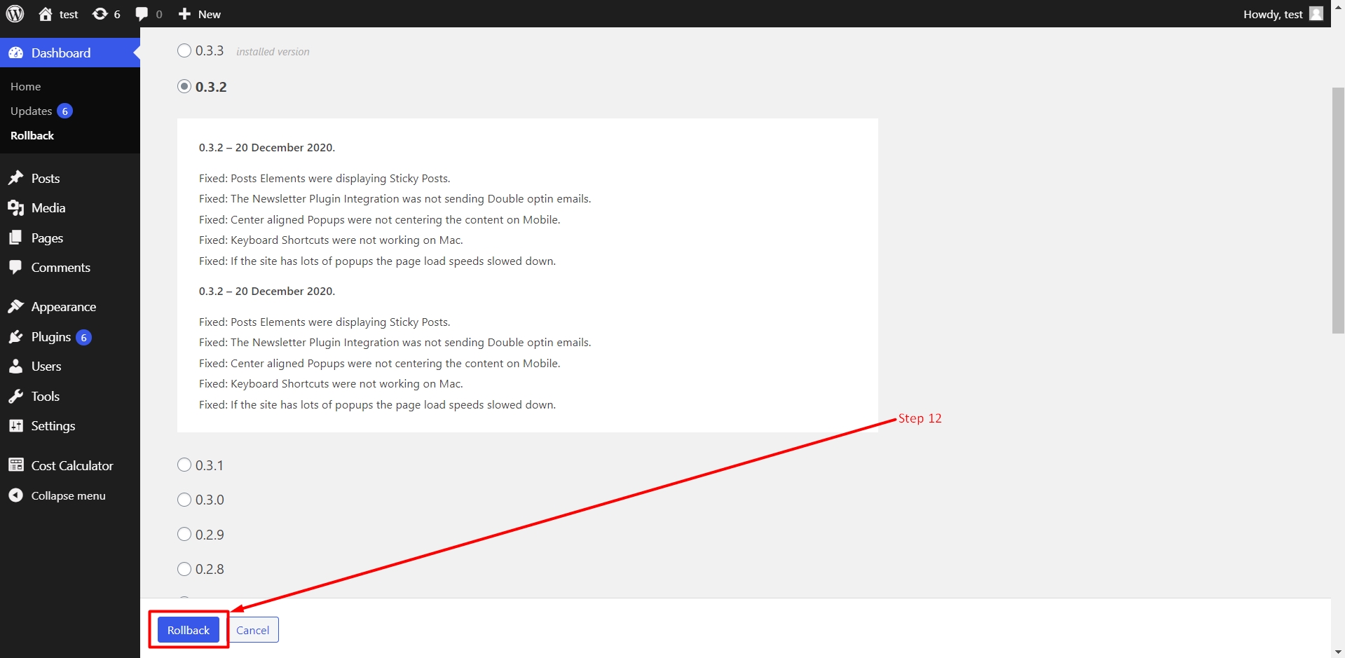 Rollback the plugin version in WordPress
