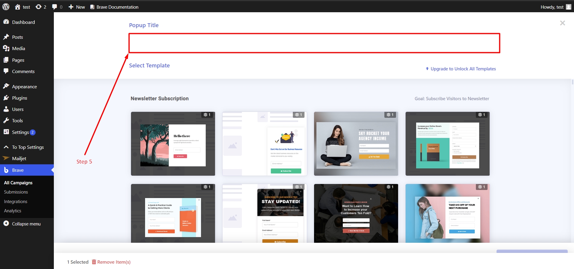 Enter the name of the Popup