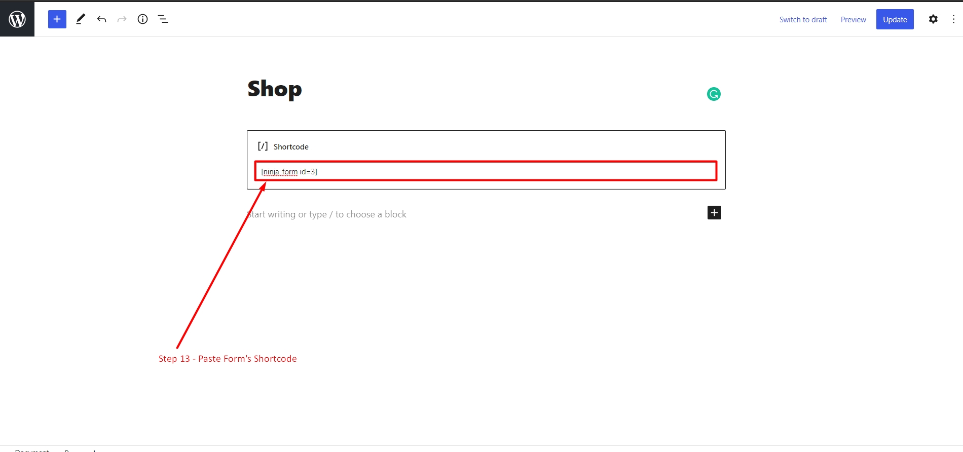 Paste form short code in WordPress page