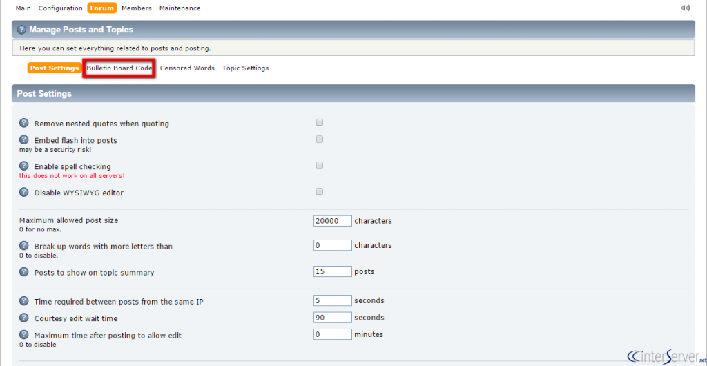 Bulletin board code settings