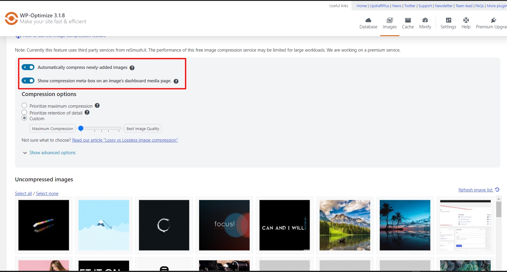 Image compression in WP Optimize plugin