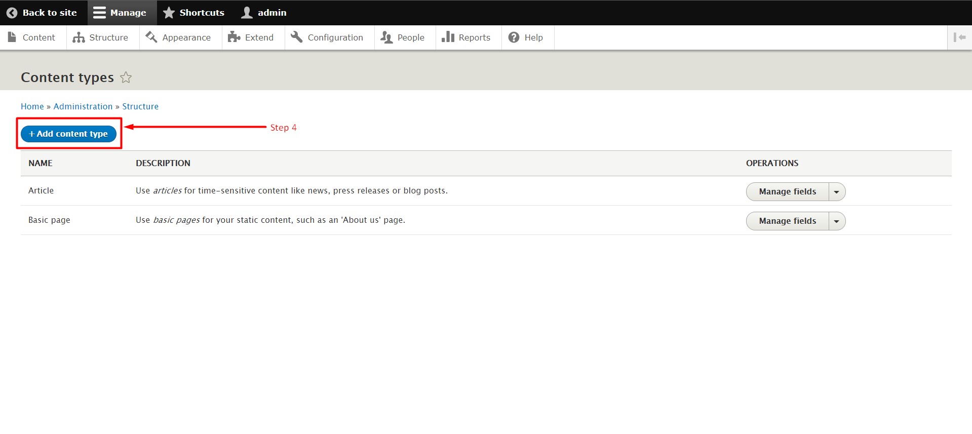 How to add a content type in Drupal - Step 4