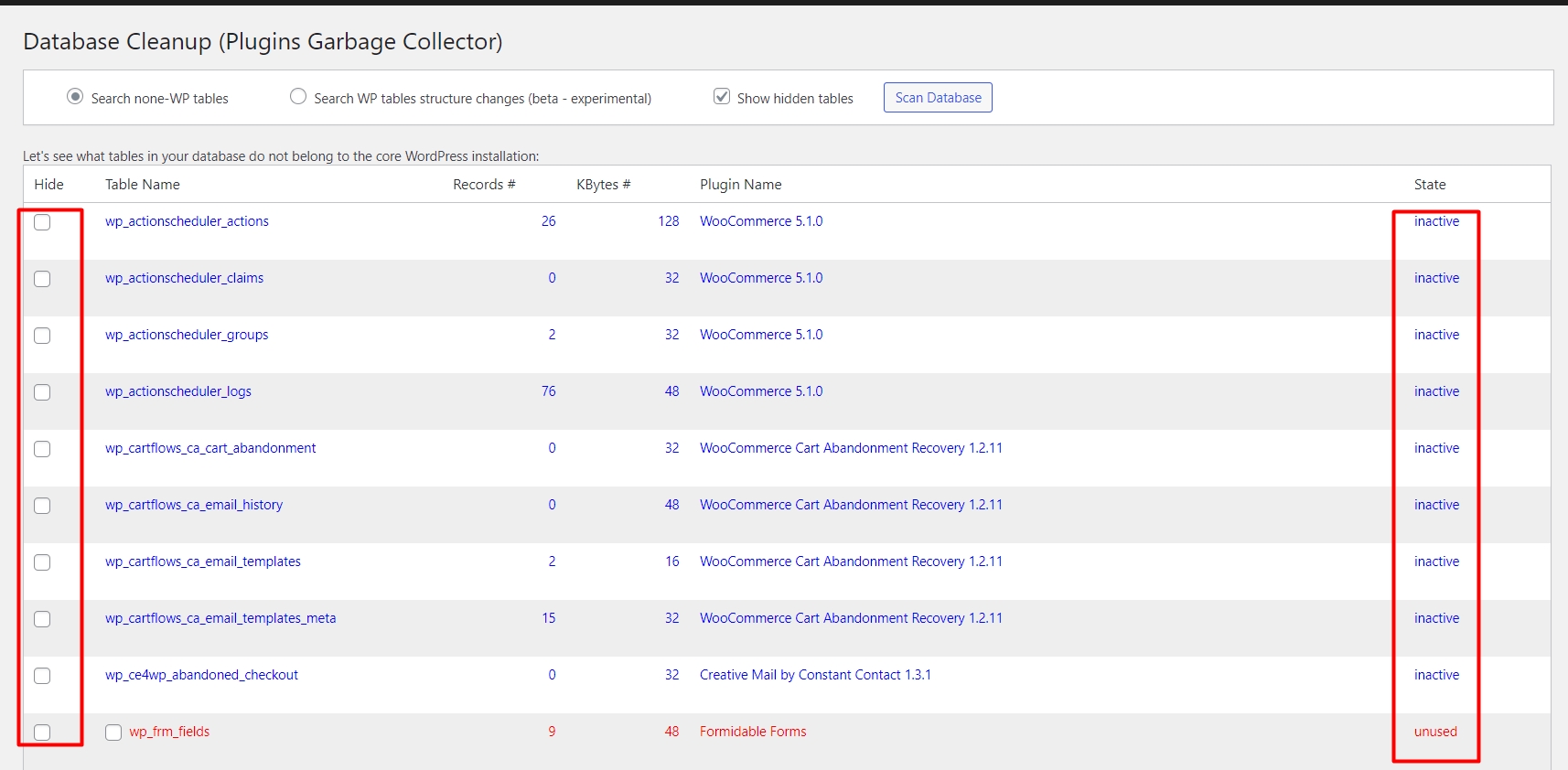 List of unwanted database tables in WordPress