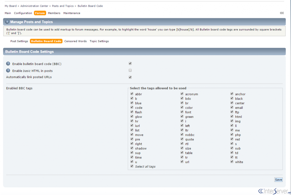 Bulletin board code settings