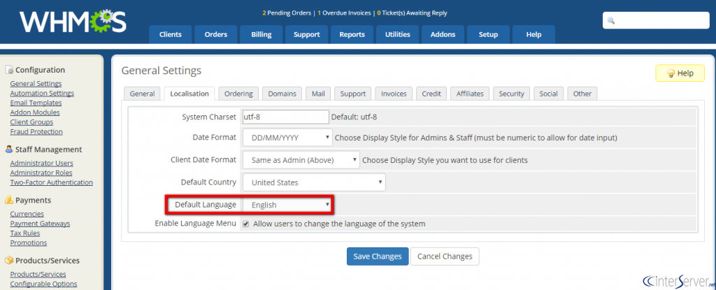 Change Default Language in WHMCS