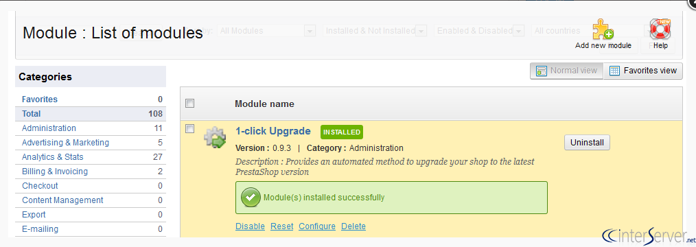 Install 1-click upgrade module in PrestaShop