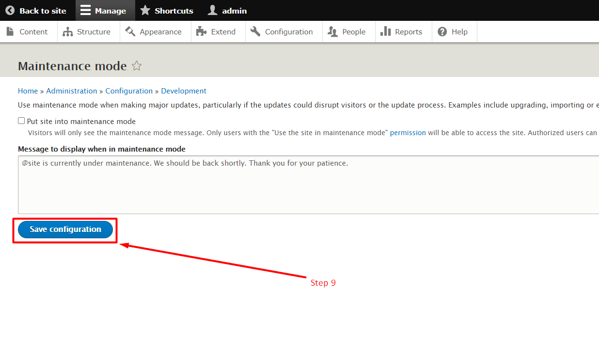 Enable maintenance mode in Drupal - Step 8 and 9