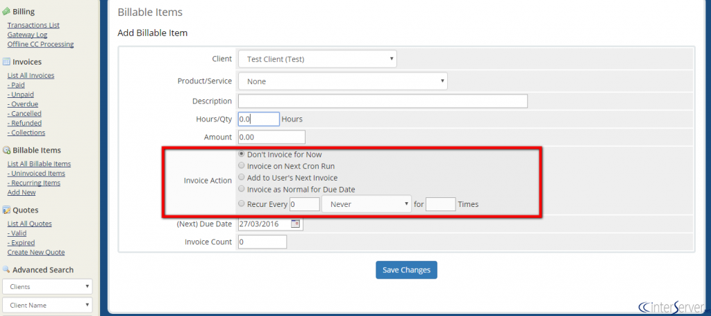 Create Billable Item in WHMCS