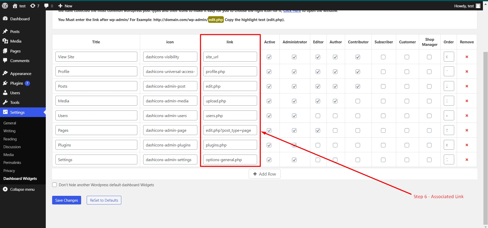 Associated link with Dashboard widget