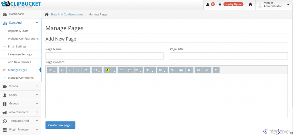 Manage Pages in ClipBucket