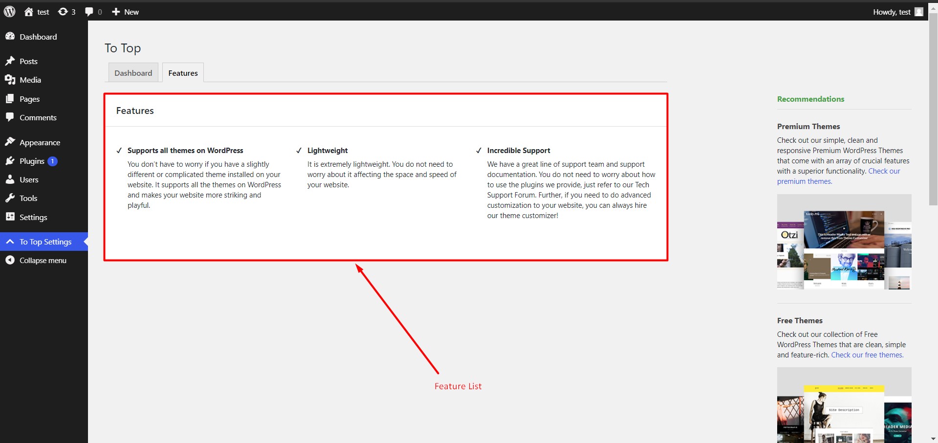 Features list of the To top plugin