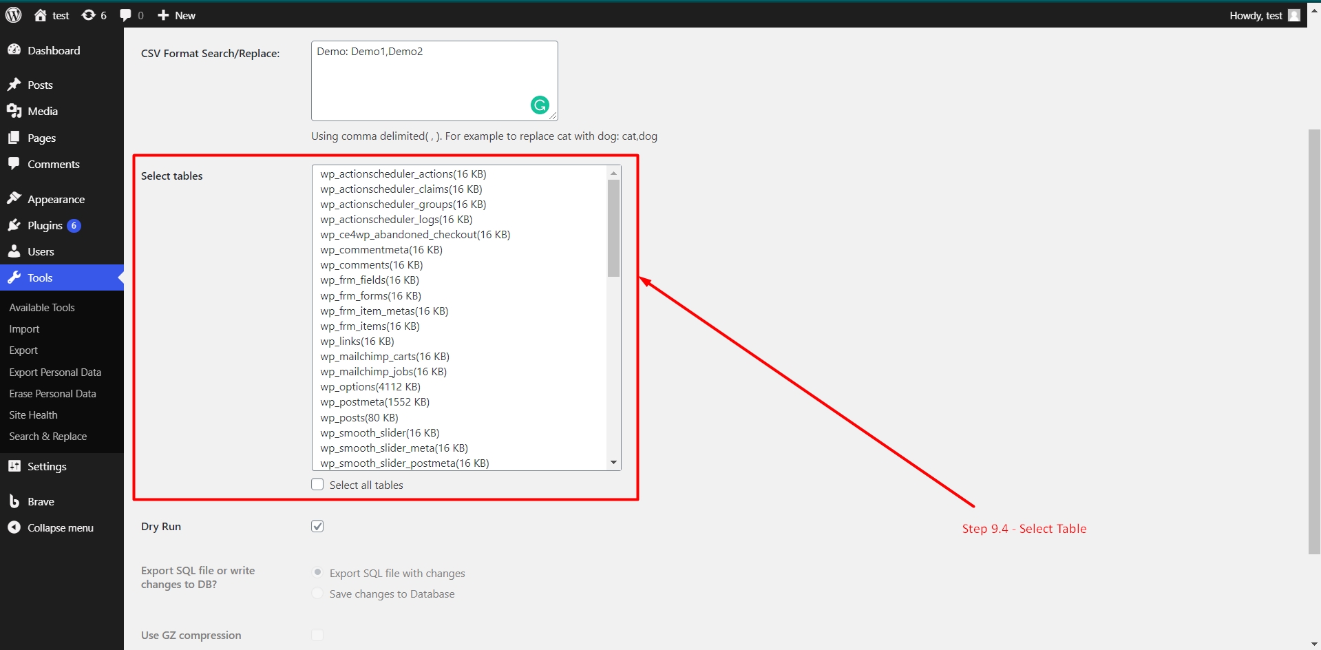 Select the database tables for search and replace