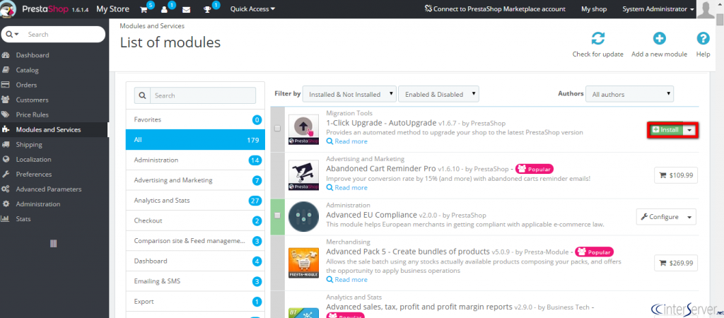 Install 1-click upgrade module in PrestaShop