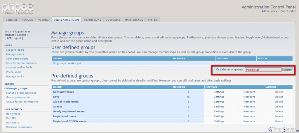 Create User Group in phpBB