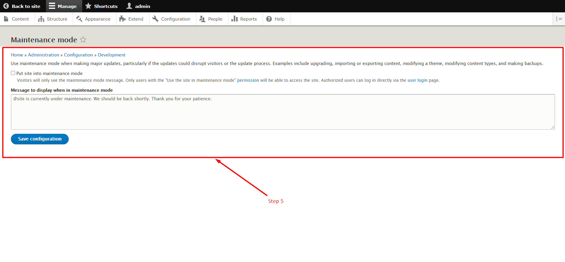 Enable maintenance mode in Drupal - Step 5