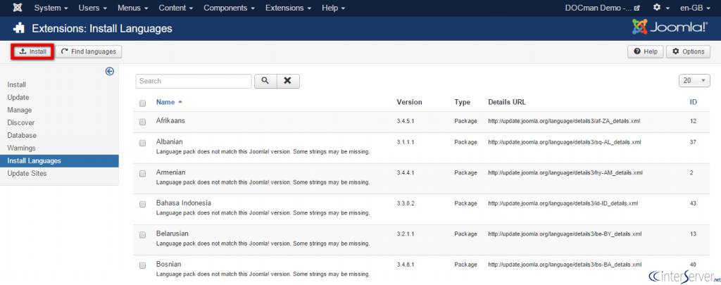 Install new Language in Joomla