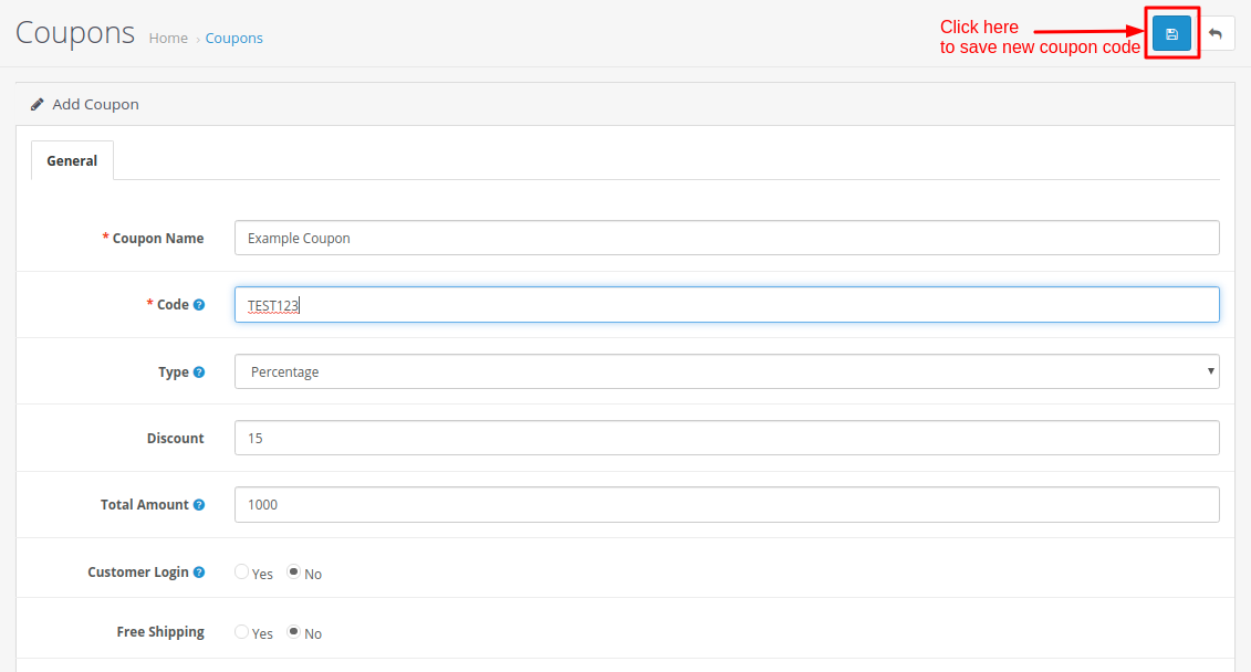 Add new coupon code in OpenCart