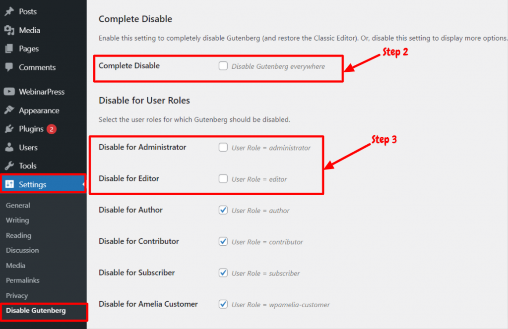 Disable gutenberg plugin