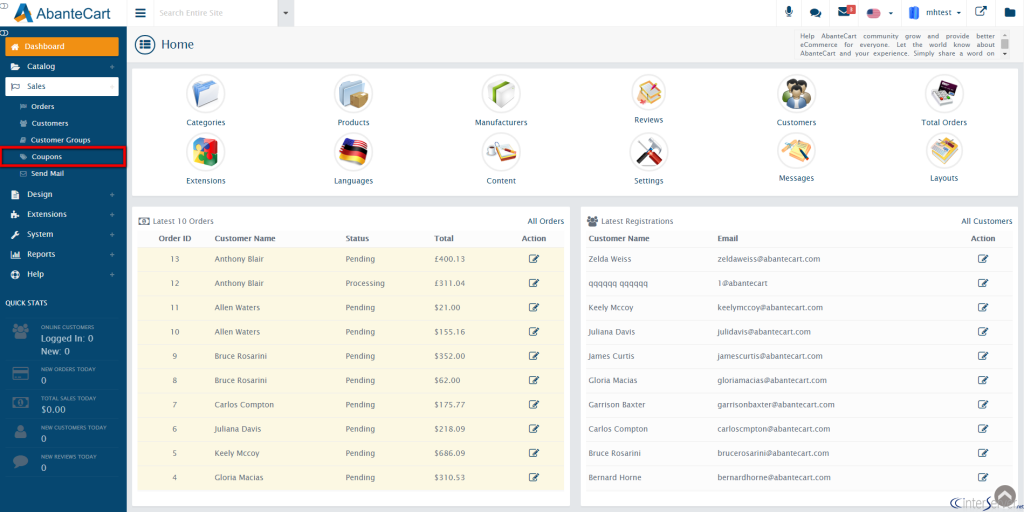 Manage coupons in AbanteCart