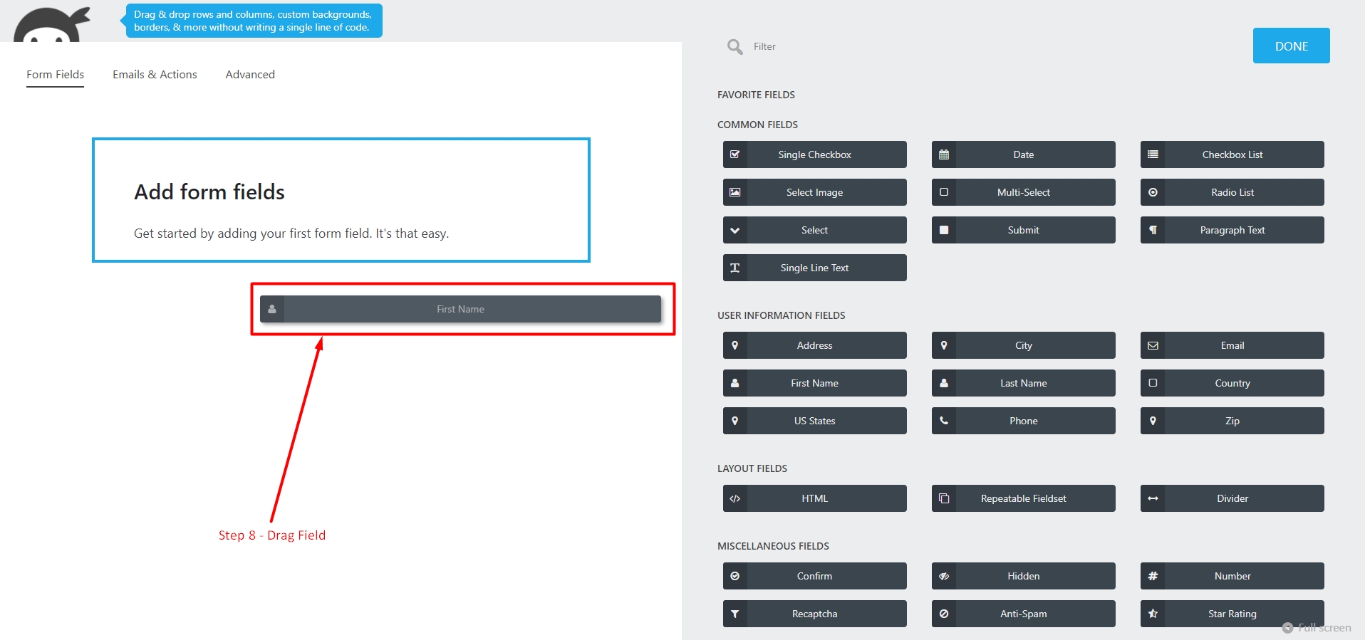 Drag and Drop a field in Ninja Forms