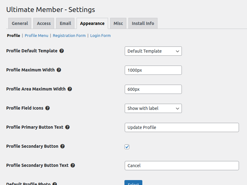 Appearance settings in Ultimate Member plugin