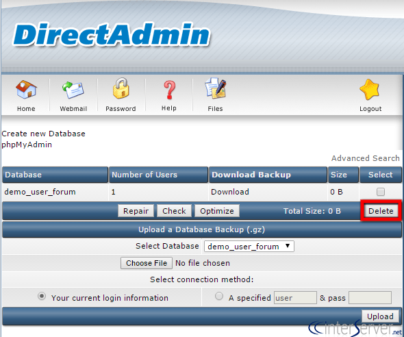 MySQL Management in Direct Admin