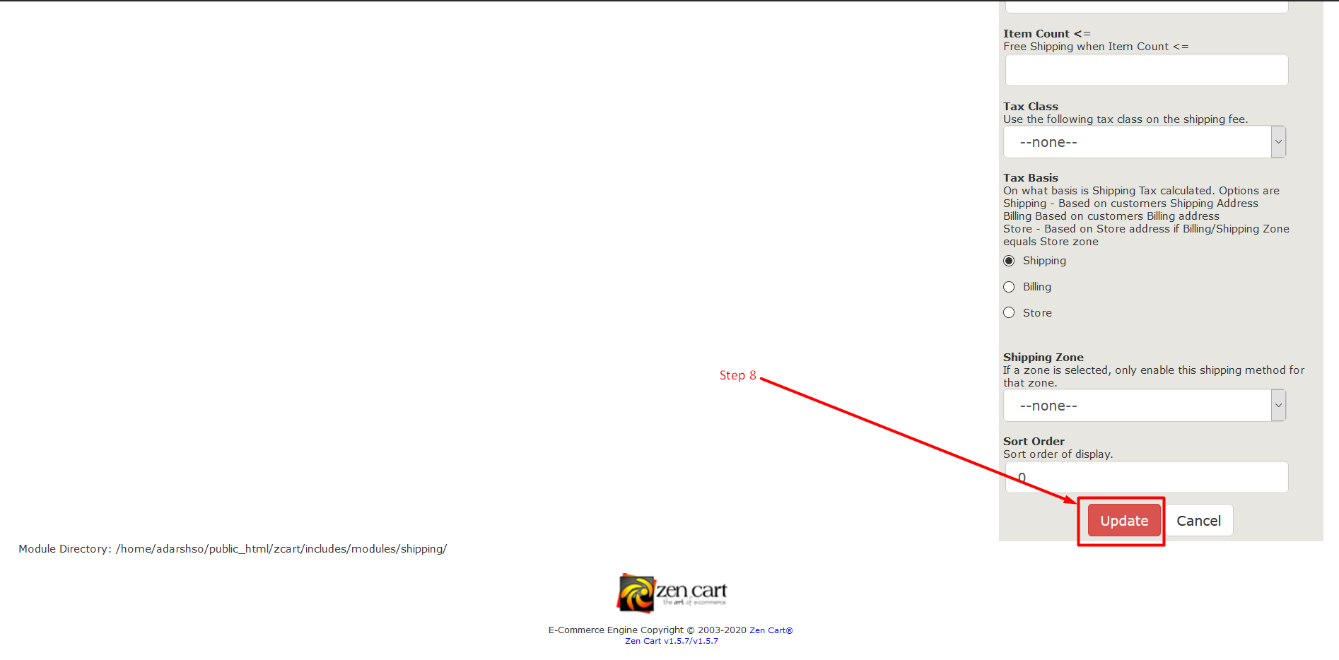 Install shipping module in ZenCart - Step 8