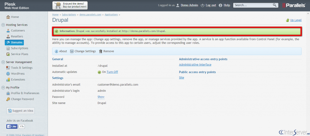 Install Drupal from Plesk