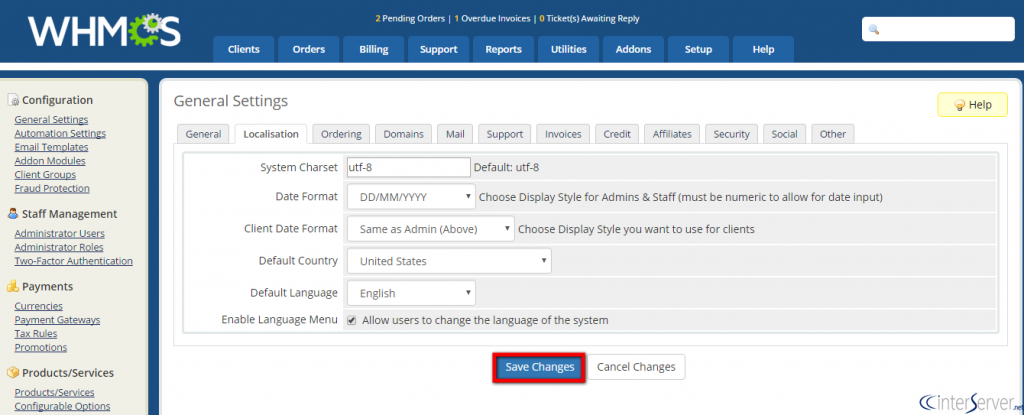 Change Default Country in WHMCS