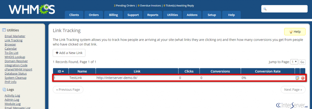 Manage Link Tracking in WHMCS