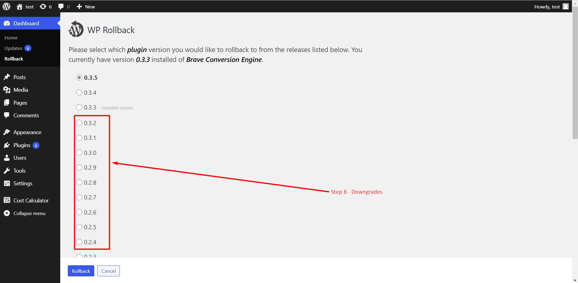 Downgrades available for a plugin in WP Rollback