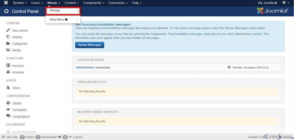 Manage menus in Joomla