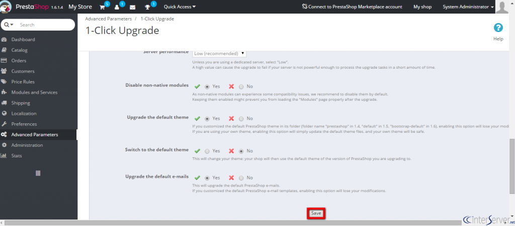 Install 1-click upgrade module in PrestaShop