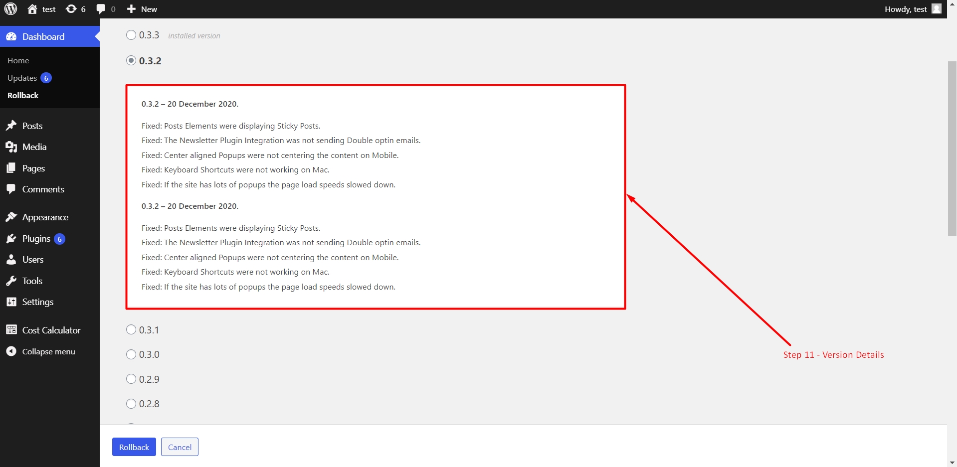How to see version details in WP Rollback
