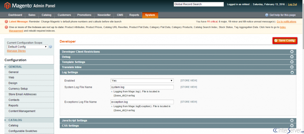 Enable system and exception logging