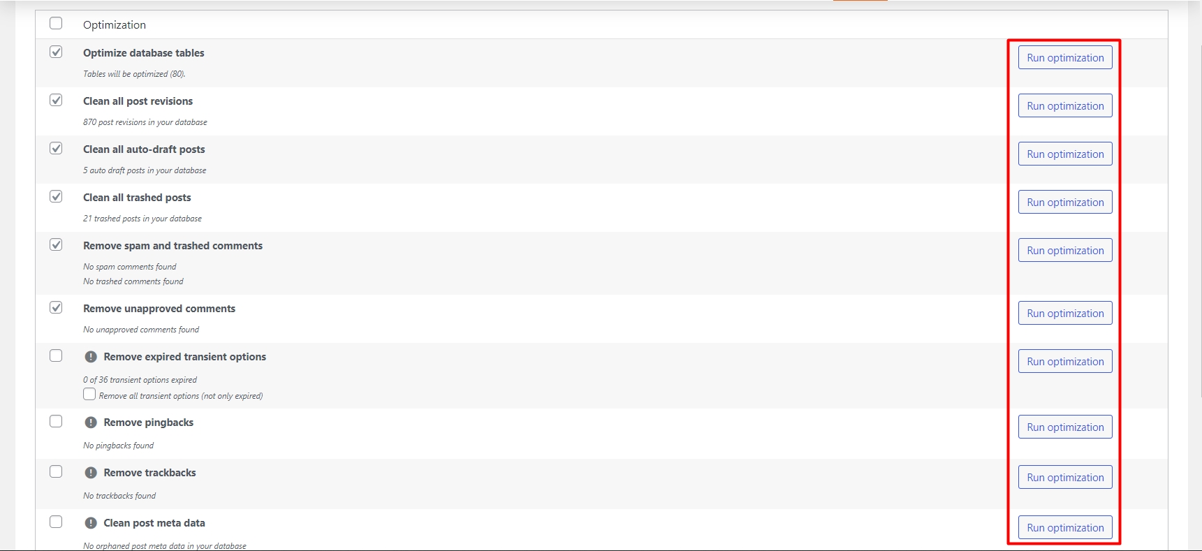 Run different optimisations individually