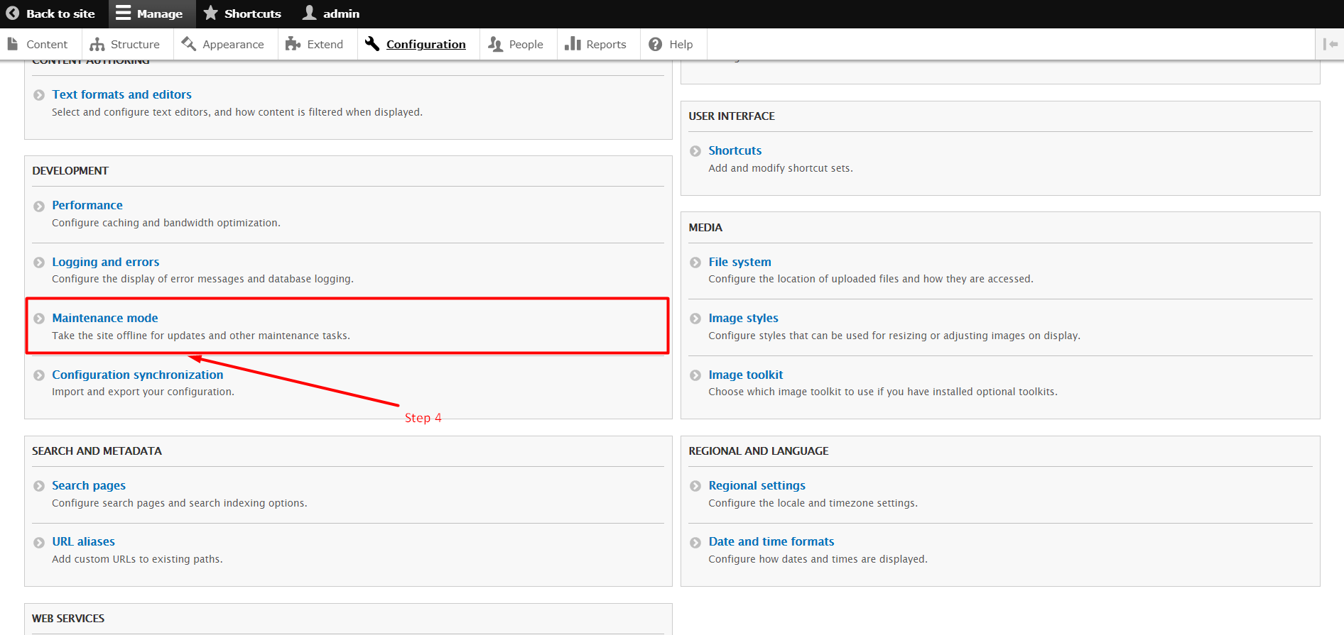 Enable maintenance mode in Drupal - Step 4