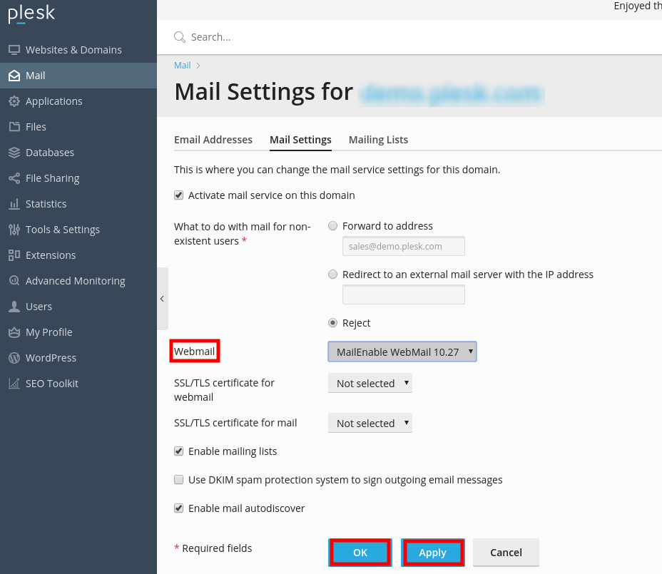 Mail account in Plesk