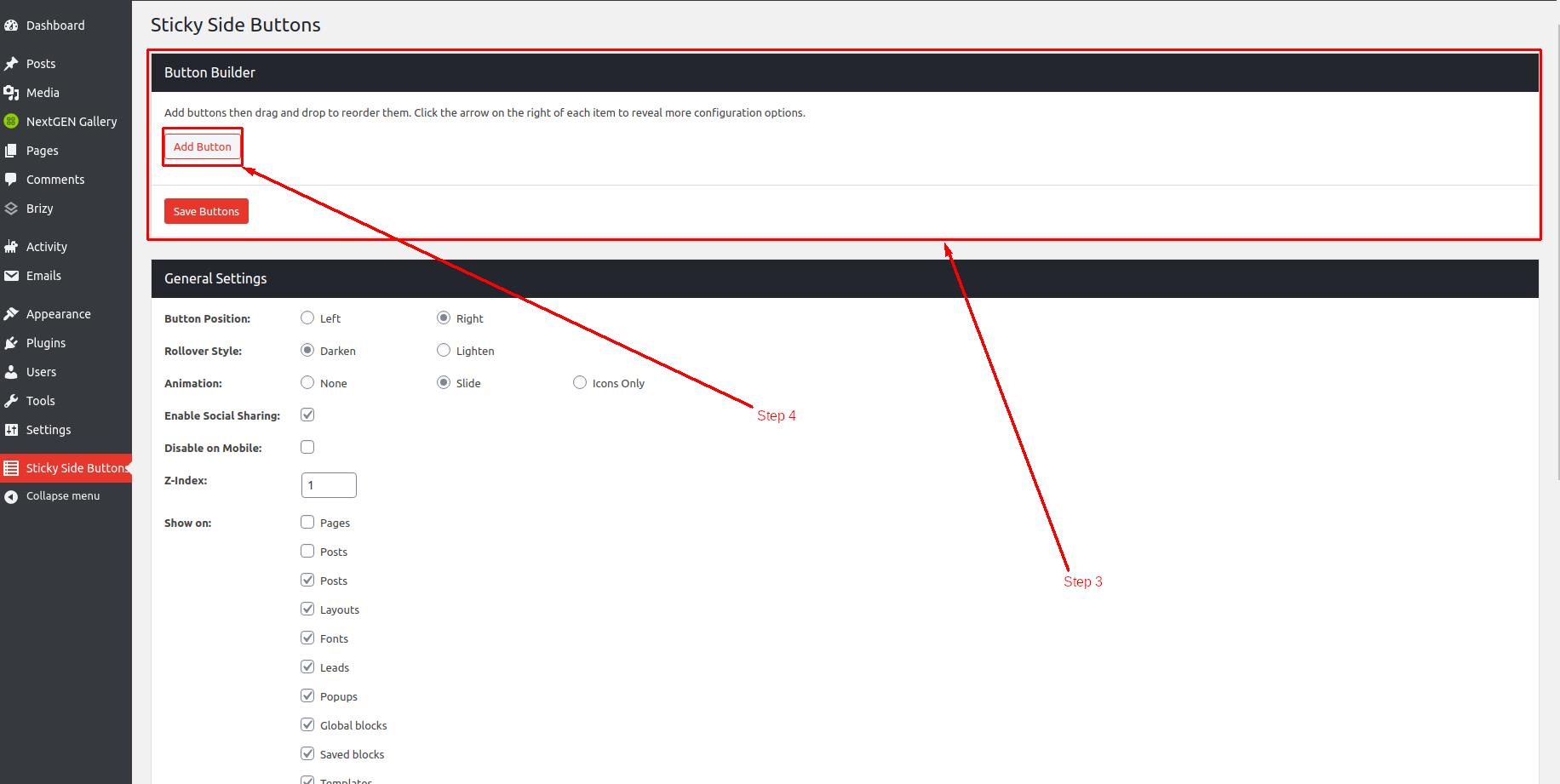 Use sticky side buttons in WordPress - Step 3 and 4