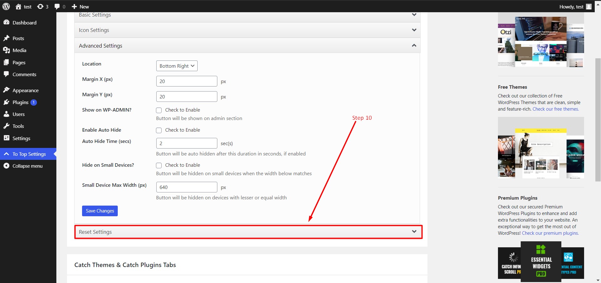 Reset settings tab in to top settings